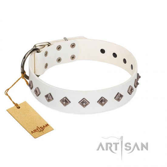 "Snowy Day" Stylish FDT Artisan White Leather Dog Collar with Small Dotted Pyramids