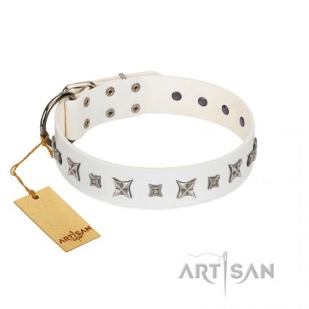 "Fashion Star" FDT Artisan White Leather Dog Collar with Silver-Like Engraved Plates and Stars