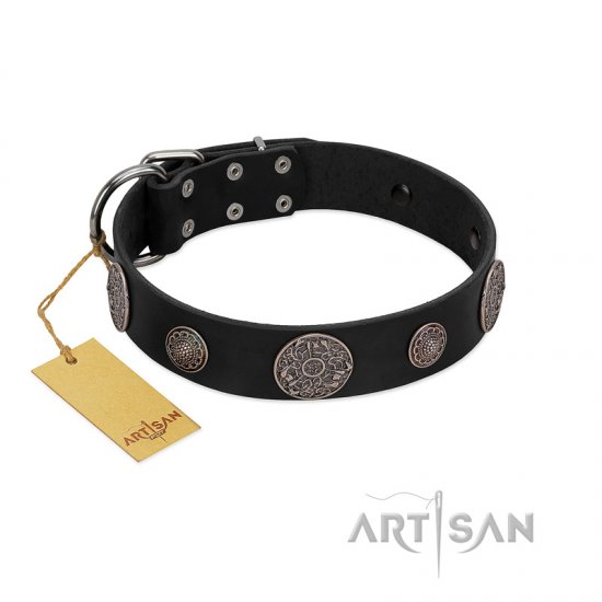 "Ad Infinitum" Durable FDT Artisan Black Leather Dog Collar with Chrome Plated Brooches - إضغط الصورة للإغلاق
