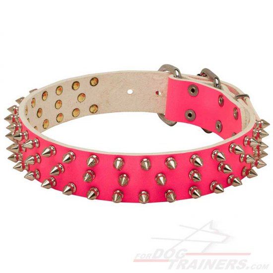 Pink Leather Dog Collar with Nickel Spikes for Daily Walking