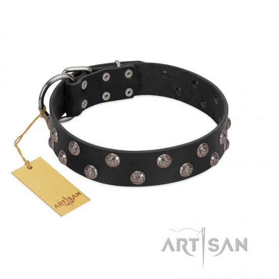 "Power-Flower" FDT Artisan Black Leather Dog Collar with Two Rows of Silver-like Studs with Engraved Flowers - Click Image to Close