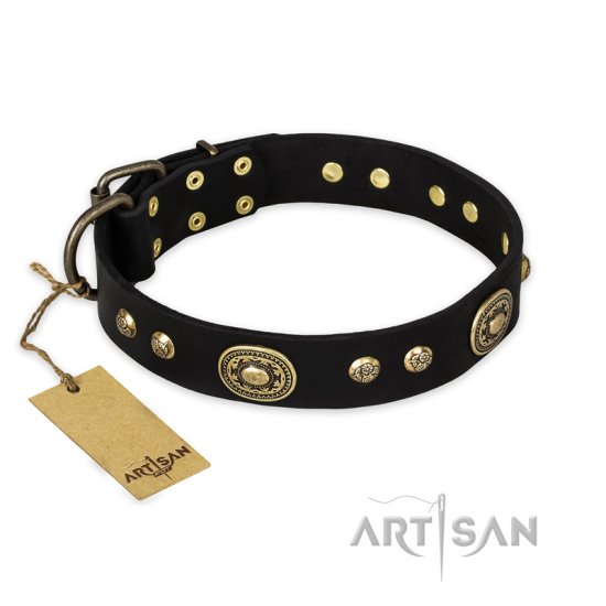 'High Fashion' FDT Artisan Studded with Plates Black Leather Dog Collar - إضغط الصورة للإغلاق
