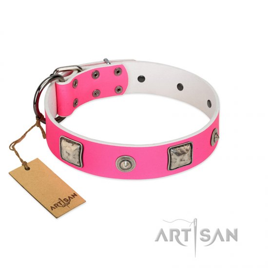 "Girlish Look" Designer FDT Artisan Pink Leather Dog Collar with a Mix of Silver-Like Decorations