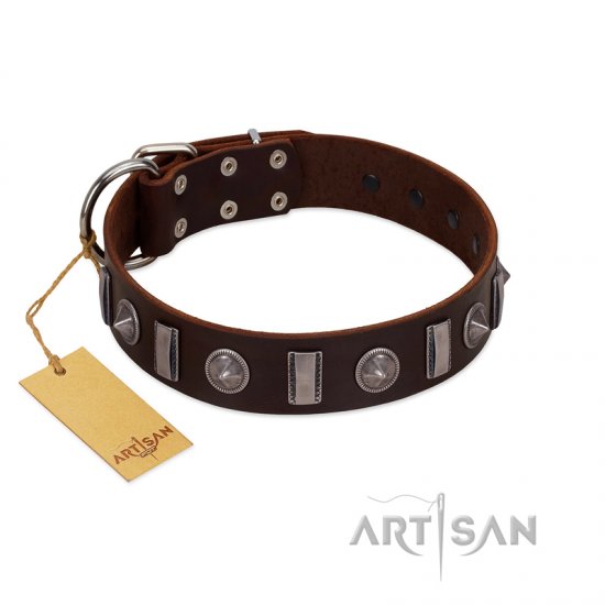 "Spiky Way" FDT Artisan Brown Leather Dog Collar with Silver-Like Decorations - Click Image to Close