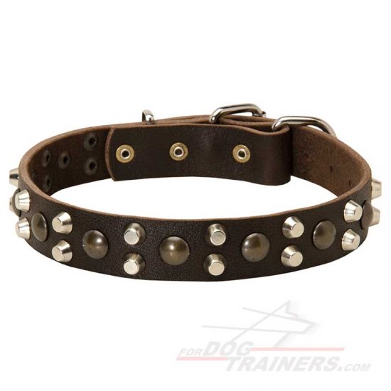 Durable Leather Dog Collar with Combo of Pyramids and Studs