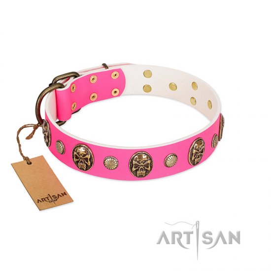 "Ms Pinky Fluff" FDT Artisan Pink Leather Dog Collar Adorned with Conchos and Medallions