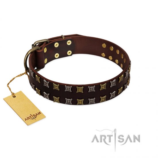 "Fido's Pleasure" FDT Artisan Brown Leather Dog Collar with Amazing Studs - إضغط الصورة للإغلاق