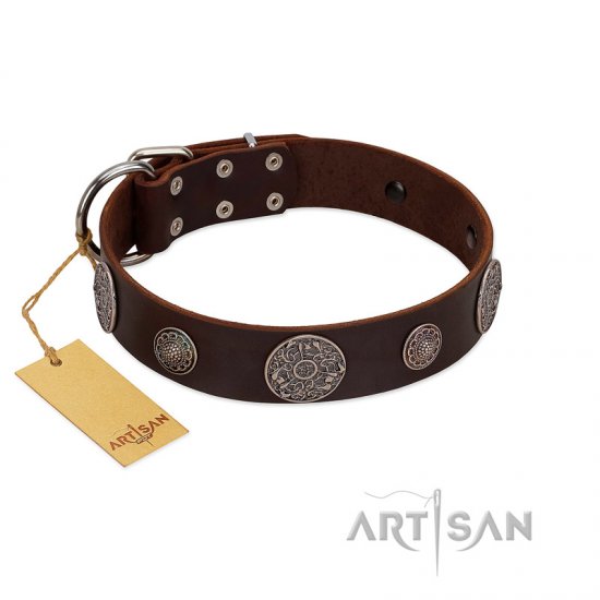 "Flashy Woof" FDT Artisan Brown Leather Dog Collar with Chrome Plated Brooches - إضغط الصورة للإغلاق