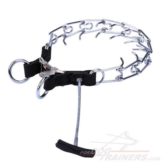 'Daily Revolution' Chrome Plated Dog Pinch Collar with Metal Long Handle - 1/8 inch (3.25 mm) Prong's Diameter