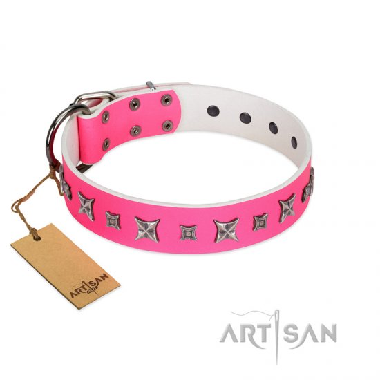 "Pink Dream" Stylish FDT Artisan Pink Leather Dog Collar with Silver-Like Decorations