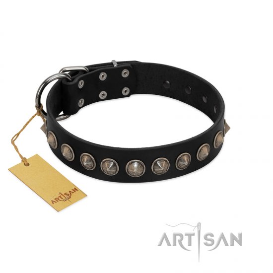 "Black Eagle" Handcrafted FDT Artisan Black Leather Dog Collar with Silver-Like Adornments
