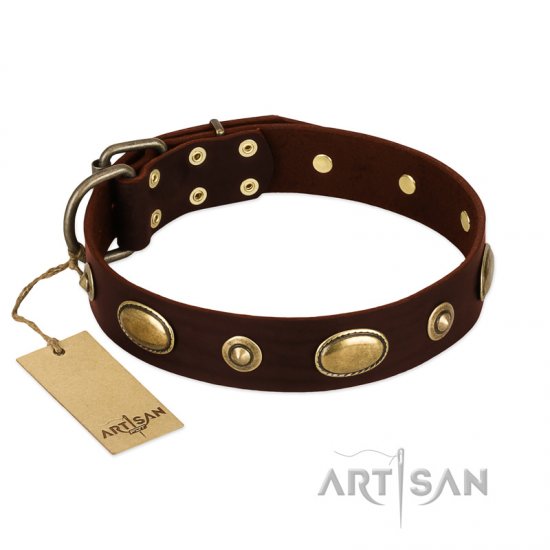 "Hebe's Jewel" FDT Artisan Brown Genuine Leather Dog Collar - إضغط الصورة للإغلاق