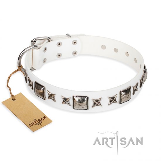 'Intergalactic Travelling' FDT Artisan Handcrafted White Leather Dog Collar - Click Image to Close