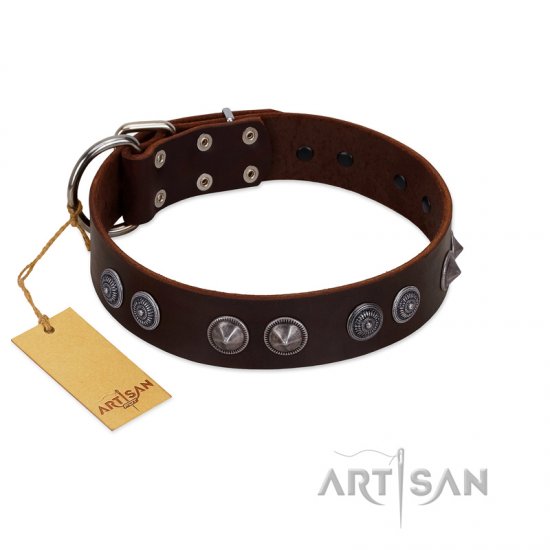 "King Arthur" FDT Artisan Brown Leather Dog Collar with Spiky Plates - Click Image to Close