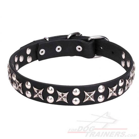 "Planets and Stars" Posh Leather Dog Collar with Stars and Studs 1 1/5 inch (30 mm) Wide - إضغط الصورة للإغلاق