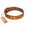 "Woofy Dawn" FDT Artisan Tan Leather Dog Collar with Plates and Rhombs