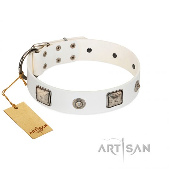 "Amazing Beauty" FDT Artisan Fancy White Leather Dog Collar with Silver-Like Decorations