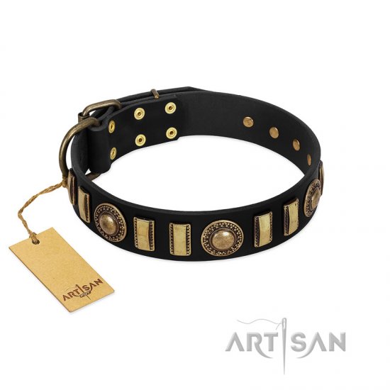 "Lion's Pride" FDT Artisan Black Leather Dog Collar with Ornate Conchos and Small Plates - إضغط الصورة للإغلاق