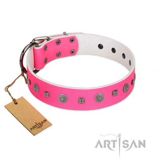 "Lady in Pink" Handmade FDT Artisan Pink Leather Dog Collar with Silver-Like Studs