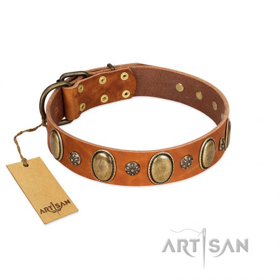 "Total Grace" FDT Artisan Tan Leather Dog Collar with Eye-catchy Ovals and Small Studs - Click Image to Close
