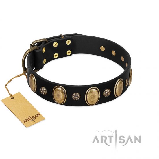 "Gilded Stones" FDT Artisan Brown Leather Dog Collar with Old Bronze-like Ovals and Studs - 1 1/2 inch (40 mm) wide - إضغط الصورة للإغلاق