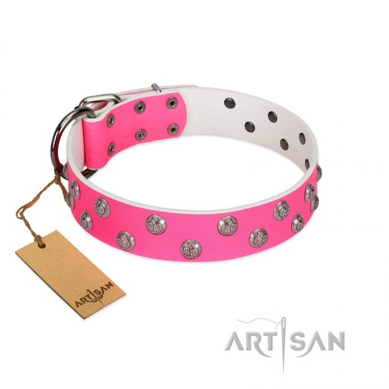 "Pink Daisy" Designer Handmade FDT Artisan Pink Leather Dog Collar