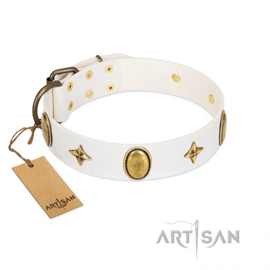 "Hollywood Star" FDT Artisan White Leather Dog Collar with Ovals and Stars - 1 1/2 inch Wide