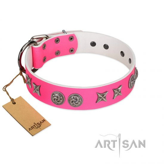 "Winsome Lassie" Designer Handmade FDT Artisan Pink Leather Dog Collar