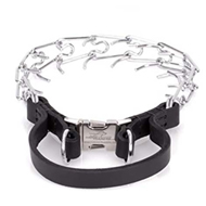 Chrome-plated Steel Pinch Dog Collar with Leather Handle and Quick Release Buckle - 1/8 inch (3.25 mm) Prong's Diameter