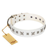 "Fashion Star" FDT Artisan White Leather Dog Collar with Silver-Like Engraved Plates and Stars