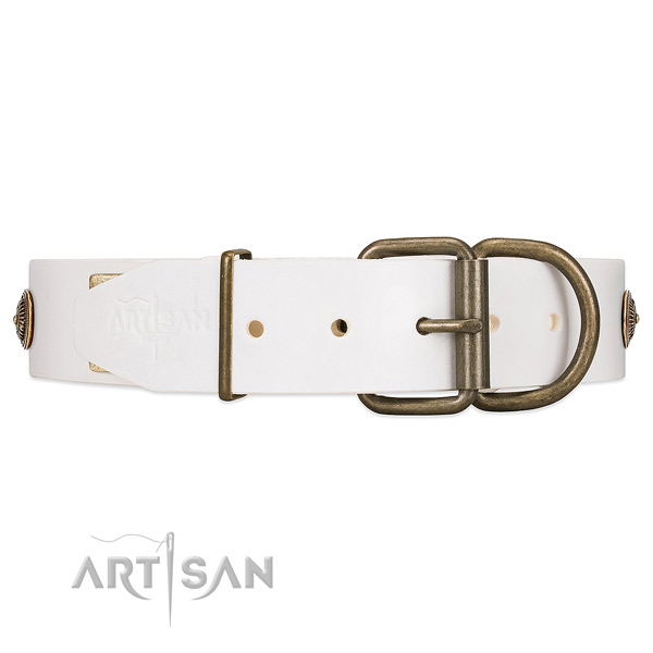 Strong Corrosion-proof Buckle on White Leather Dog Collar