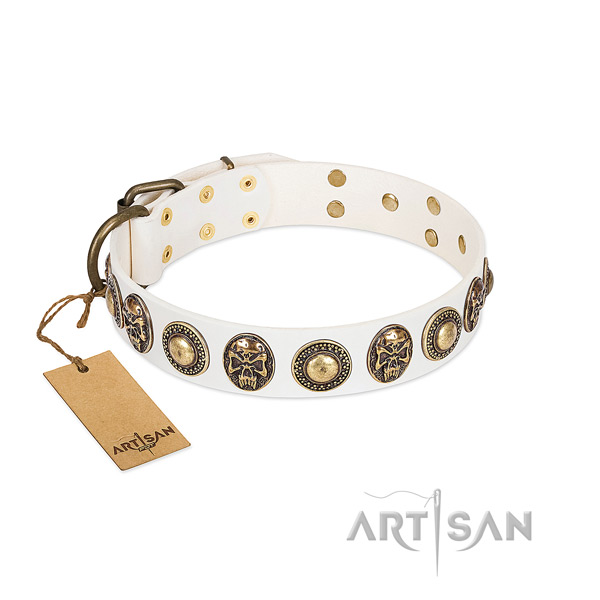 Original Design White Leather Dog Collar with Goldish Medallions