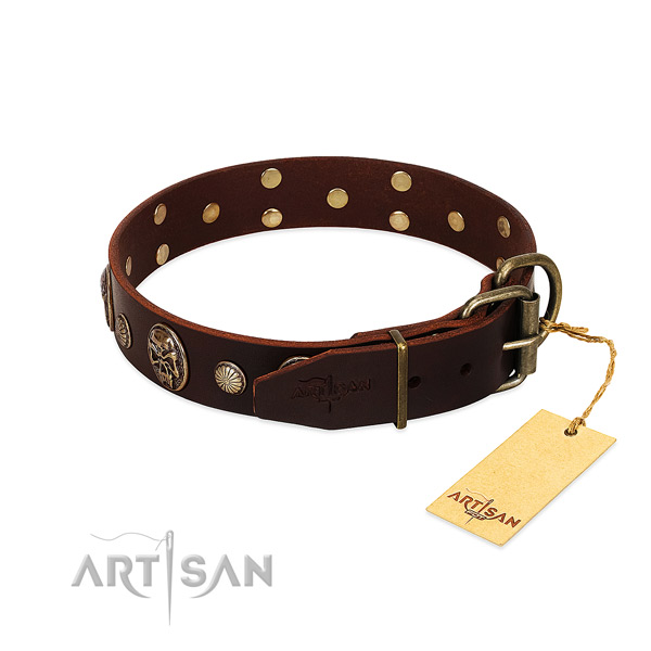 Stylish leather dog collar with old bronze-like plated fittings