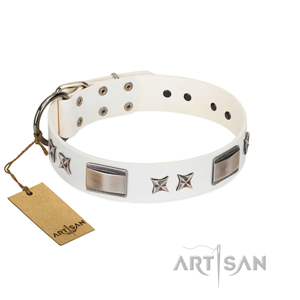 Comfortable white leather dog collar for walking