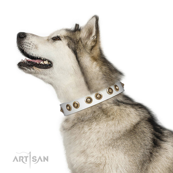 White Leather Malamute Collar with Vintage Decor