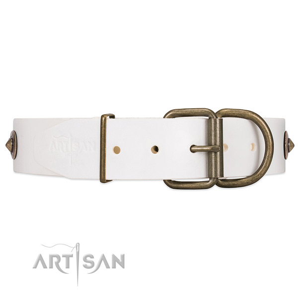White Leather Dog Collar with Rust-resistant Hardware