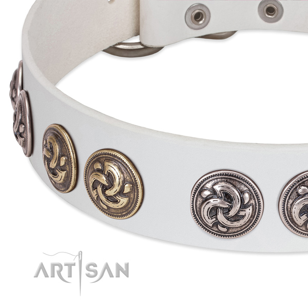 White leather FDT Artisan dog collar with old silver- and gold-like embellishment