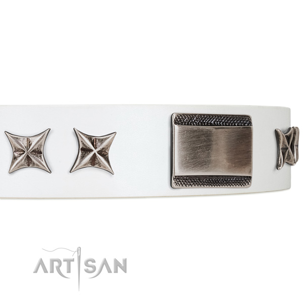 Royal quality white leather dog collar with chrome plated decorations
