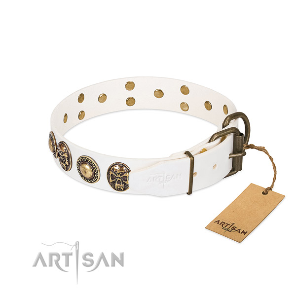 Handmade White Leather Dog Collar with Riveted Fittings
