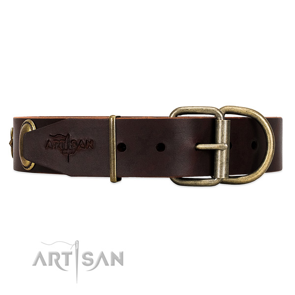 Soft leather dog collar with non-corrosive buckle and D-ring