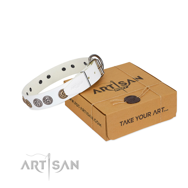 Reliable white leather dog collar provides the best handling