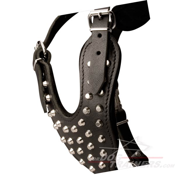 High Quality Leather Dog Harness with Studded Chest Plate